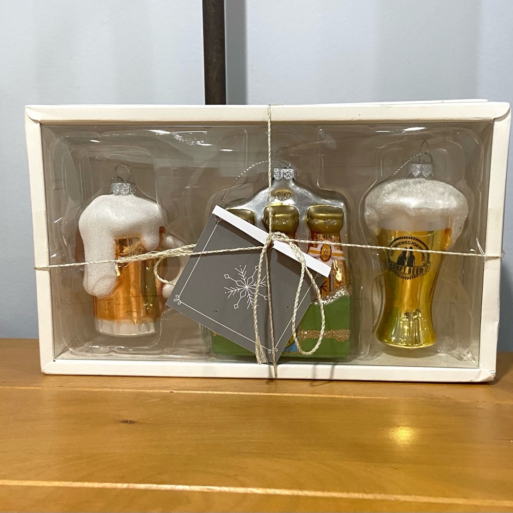 Glass Metallic Hanging Draft Beer Mug 6 Pack Christmas Tree Ornaments Set/3 NIB